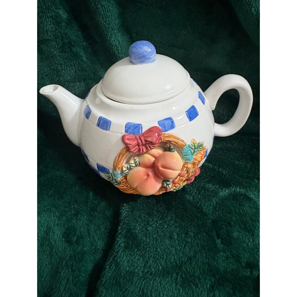 Vintage Ceramic Fruit Basket Teapot Blue Checkered 3D Peach Relief Cottagecore